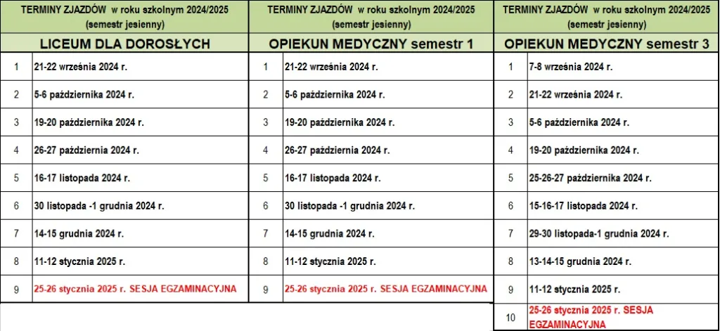 TERMINY ZJAZDÓW JESIEŃ 2024/2025