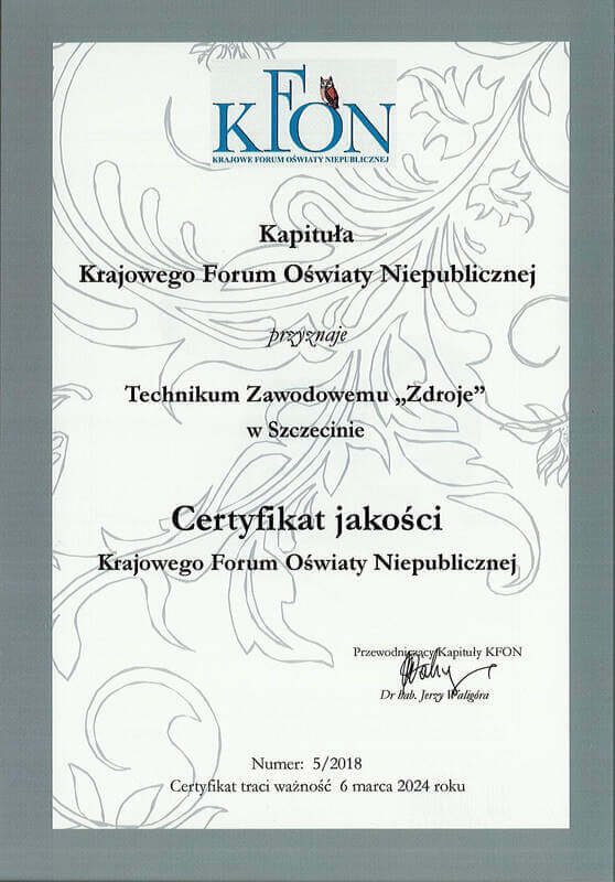 Certyfikat Krajowego Forum Oświaty Niepublicznej